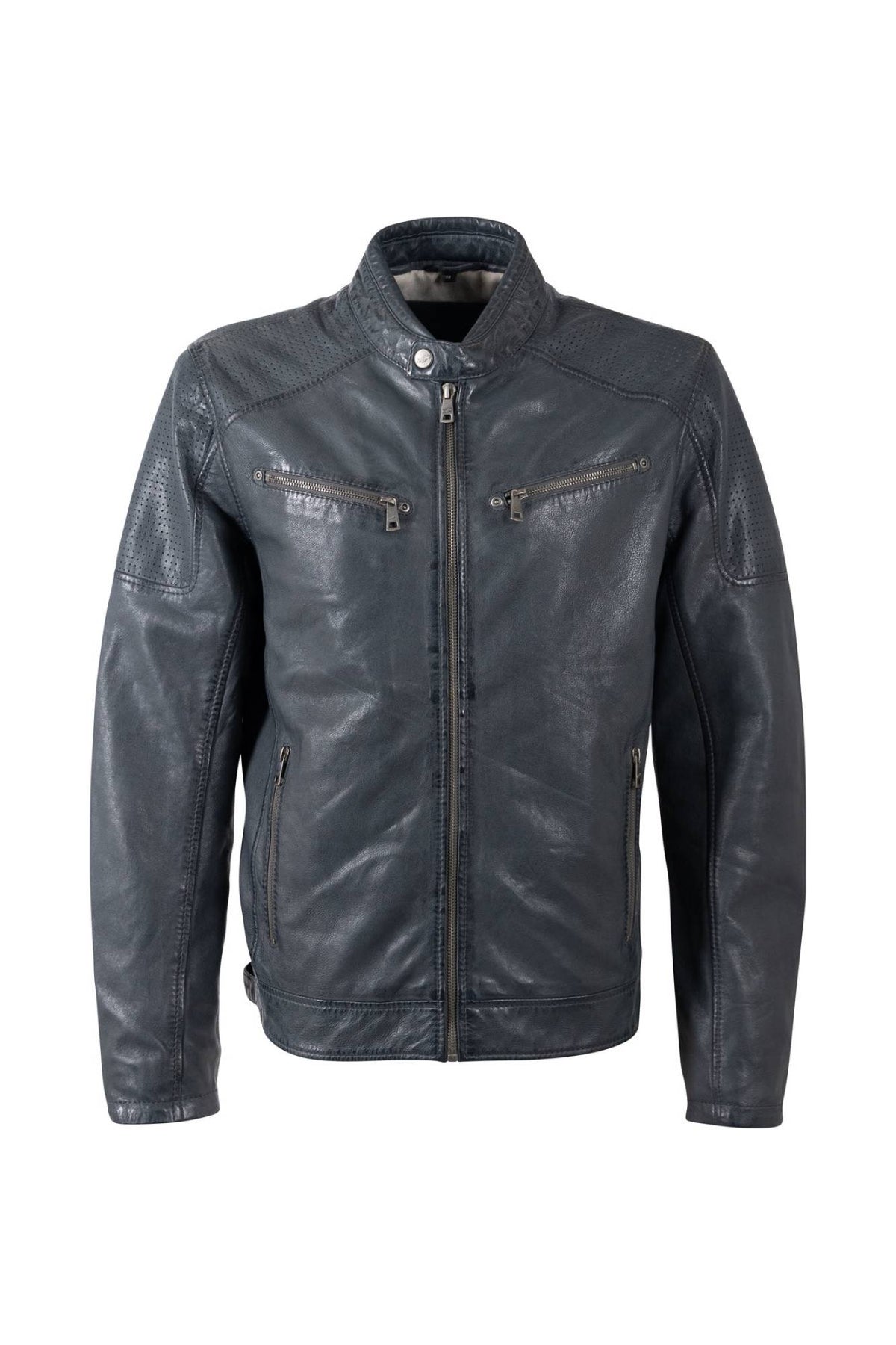 Blue-gray lambskin leather jacket with biker collar and perforated leather - Image n°5