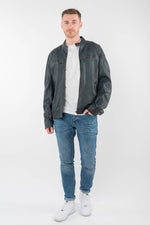 Blue-gray lambskin leather jacket with biker collar and perforated leather - Image n°2