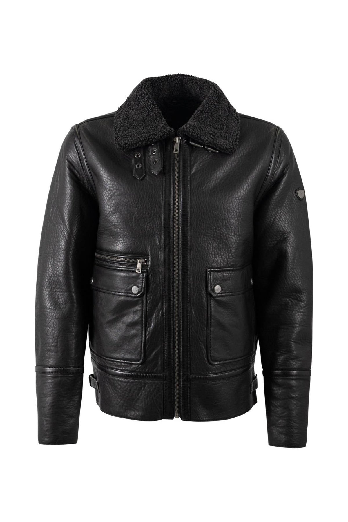 Black grained lambskin flight jacket with a separate shearling collar - Image n°1