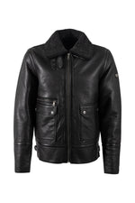 Black grained lambskin flight jacket with a separate shearling collar - Image n°1