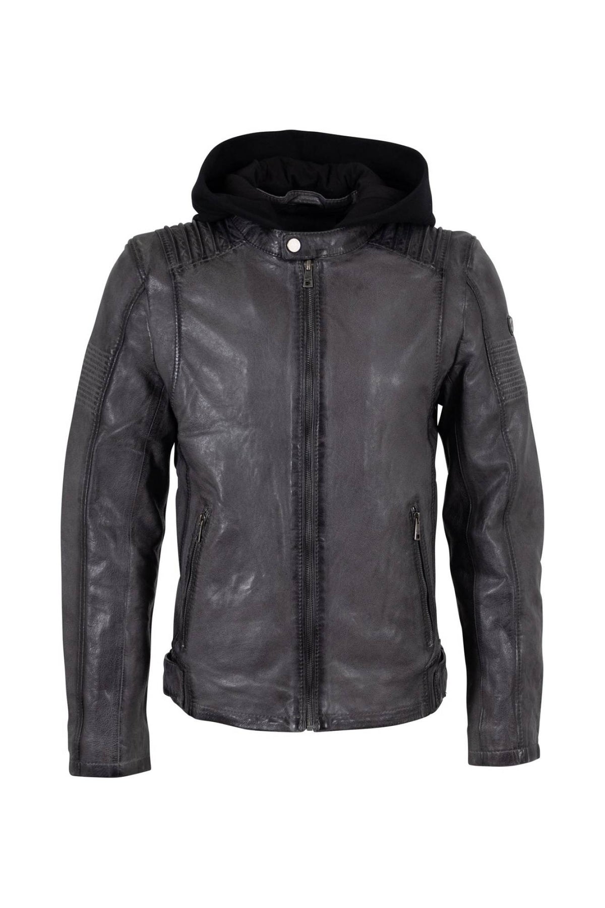 Washed grey lambskin jacket with detachable jersey hood - Image n°4