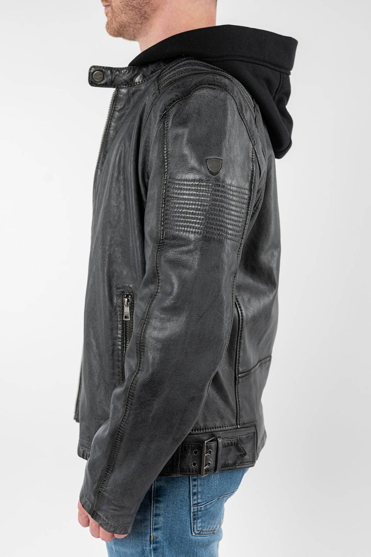 Washed grey lambskin jacket with detachable jersey hood - Image n°2