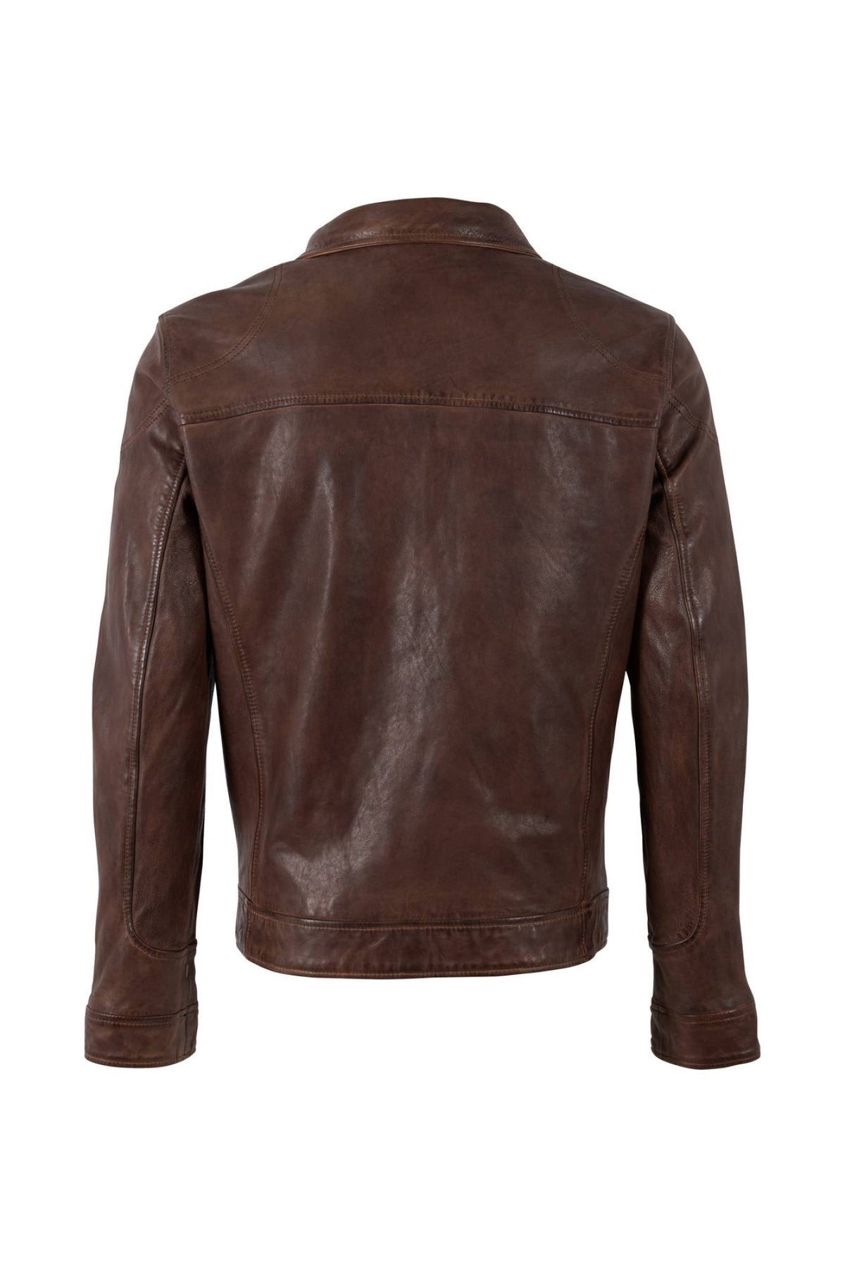 Whisky brown lamb leather jacket with four pockets and a straight hem - Image n°4