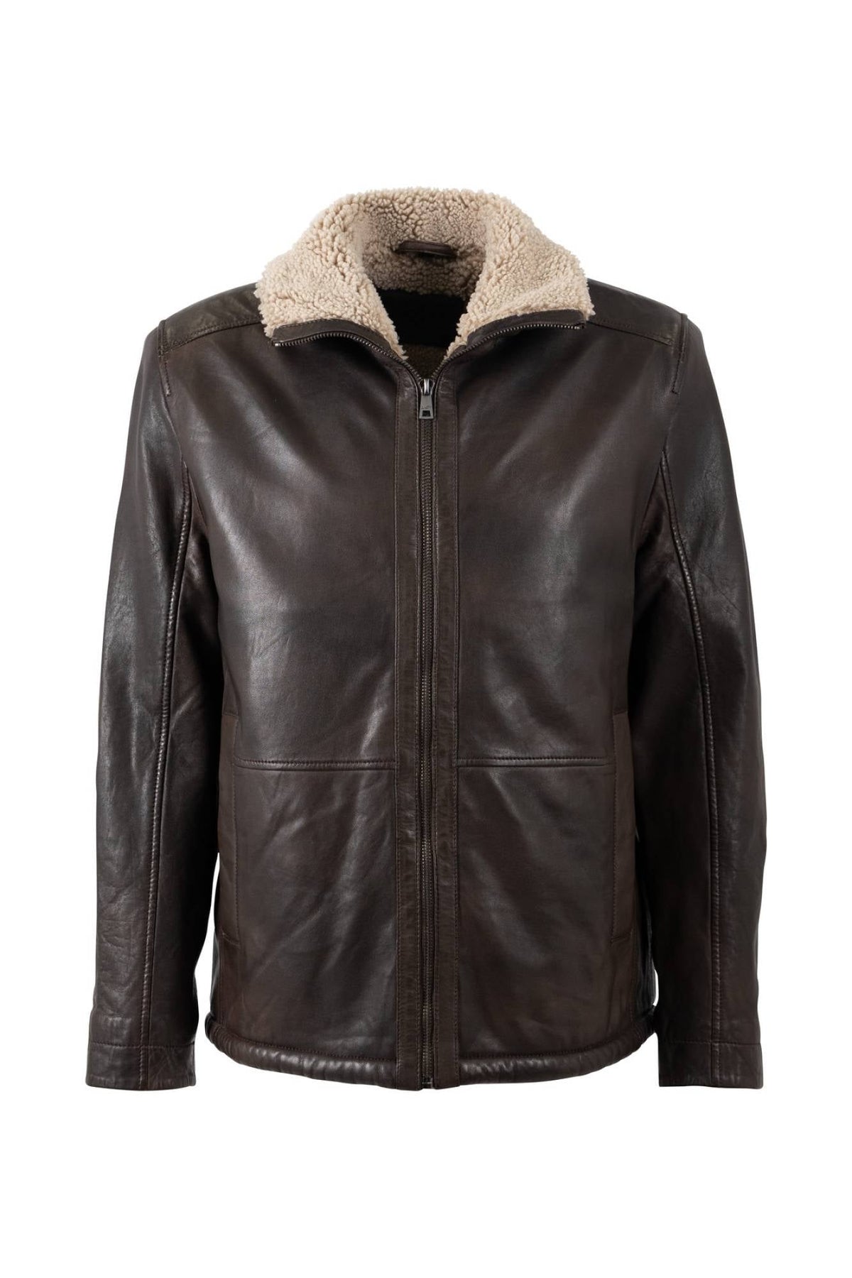 Mid-length dark brown lambskin jacket with shearling collar - Image n°1
