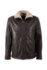 Mid-length dark brown lambskin jacket with shearling collar - Image n°1