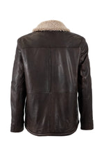 Mid-length dark brown lambskin jacket with shearling collar - Image n°2