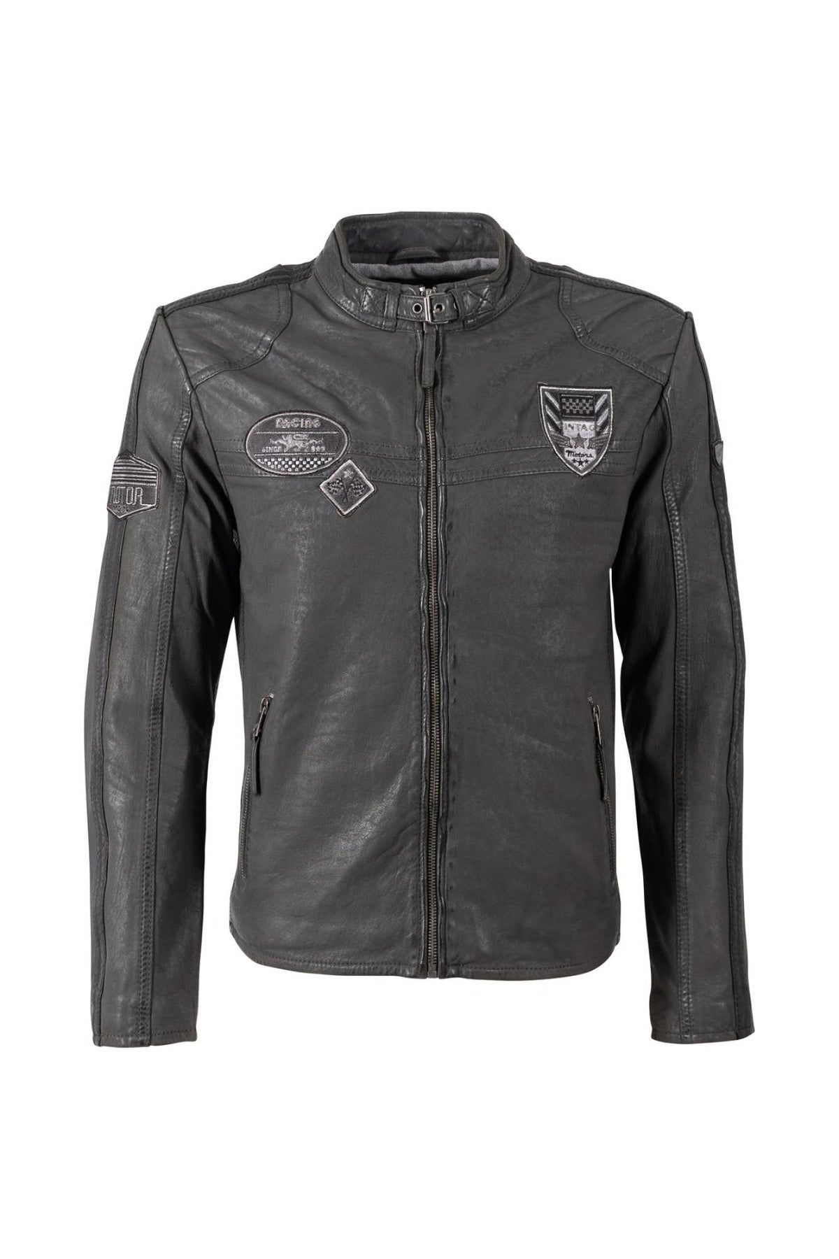 Anthracite grey lambskin biker collar jacket with embroidered patches - Image n°3