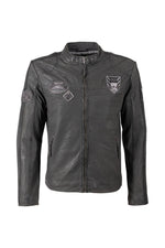 Anthracite grey lambskin biker collar jacket with embroidered patches - Image n°3