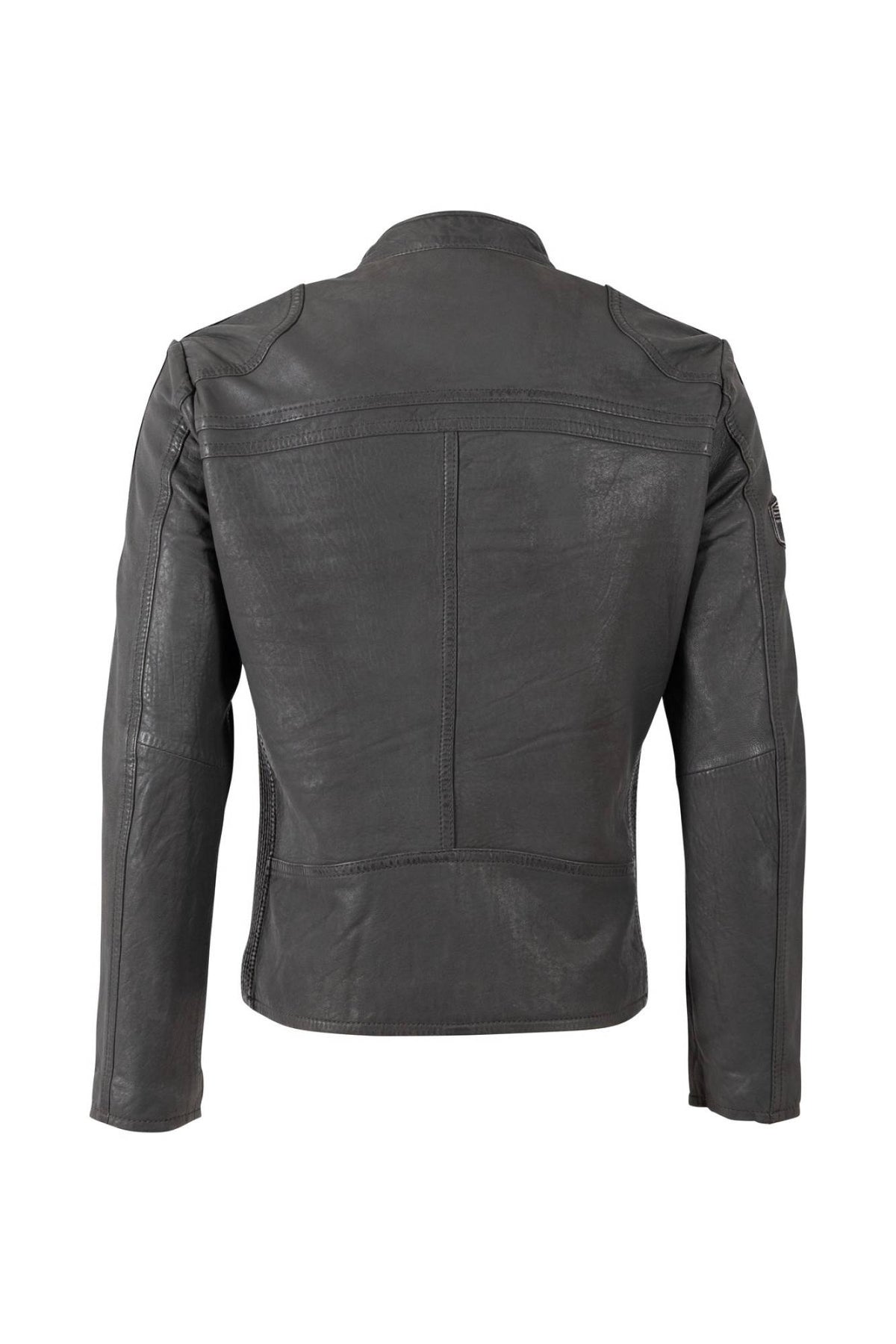 Anthracite grey lambskin biker collar jacket with embroidered patches - Image n°4