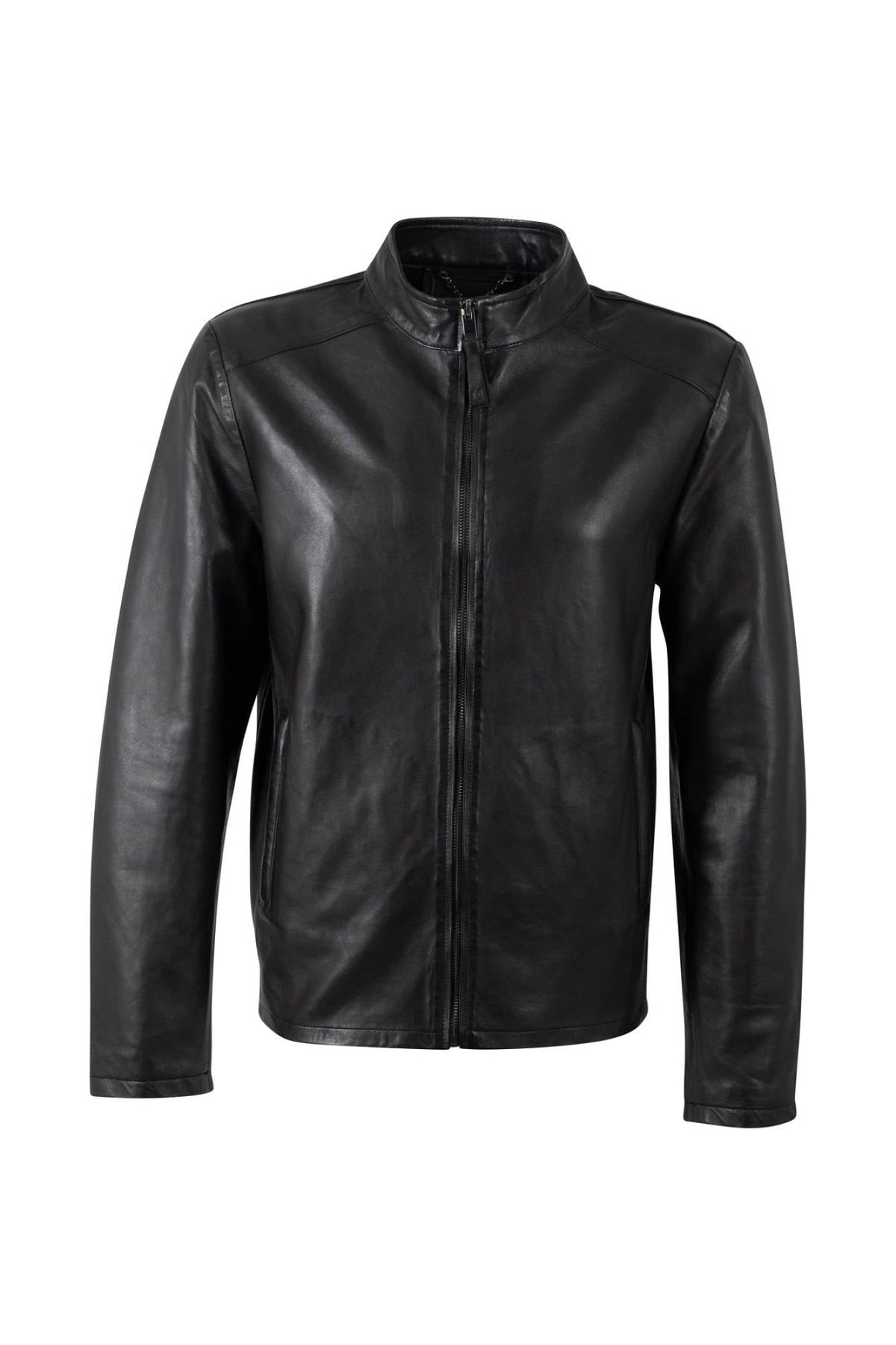 Black smooth lambskin biker-collar jacket with concealed pockets - Image n°1