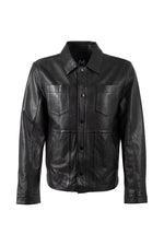 Black multipocket leather jacket with a shirt collar and snap-button fastening - Image n°1