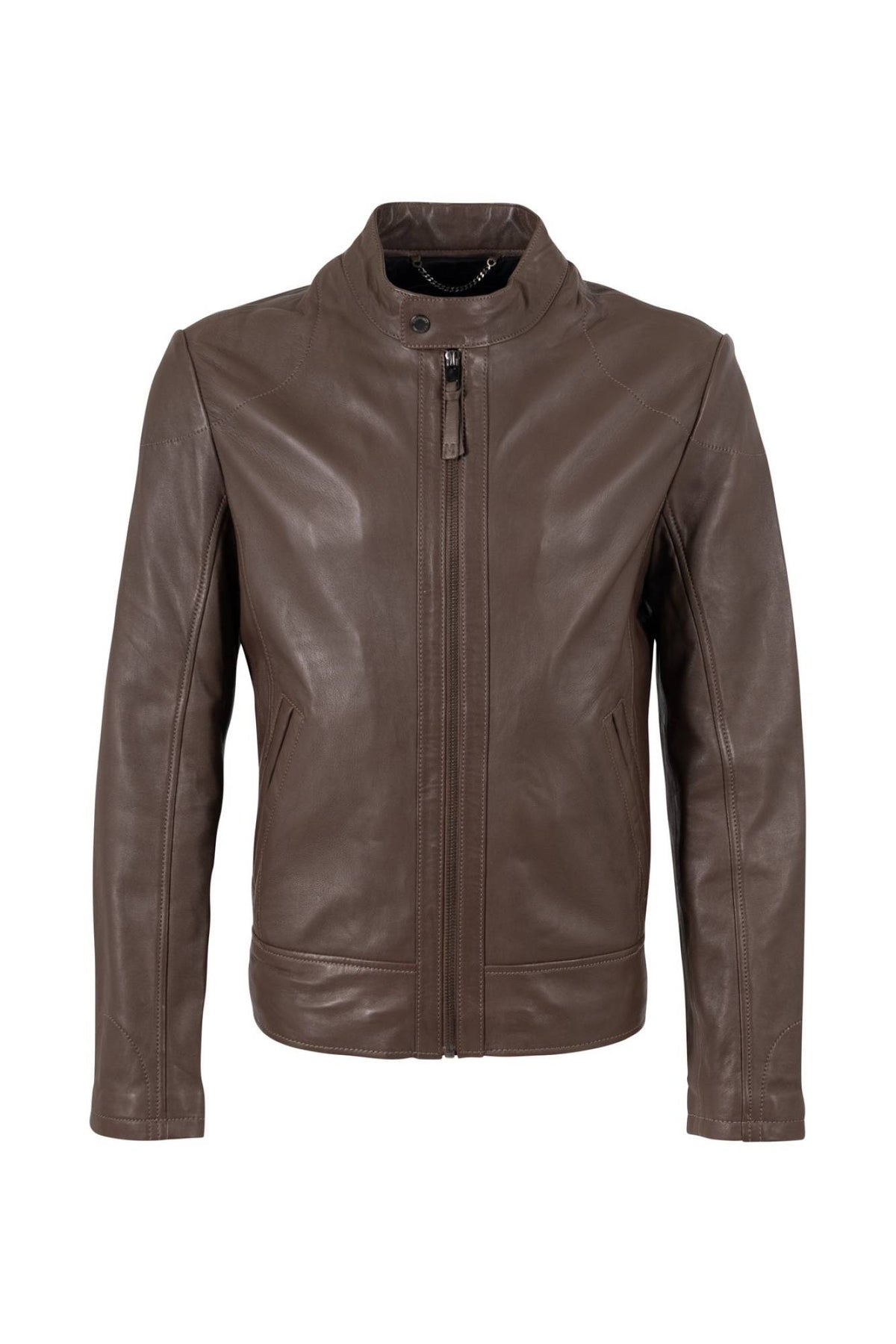 Minimalist dark taupe lambskin biker-collar jacket - Image n°1