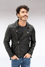 Black lambskin biker jacket with asymmetric zip and notched lapels - Image n°1