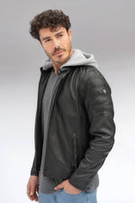 Deep black lamb leather jacket with removable jersey hood - Image n°1
