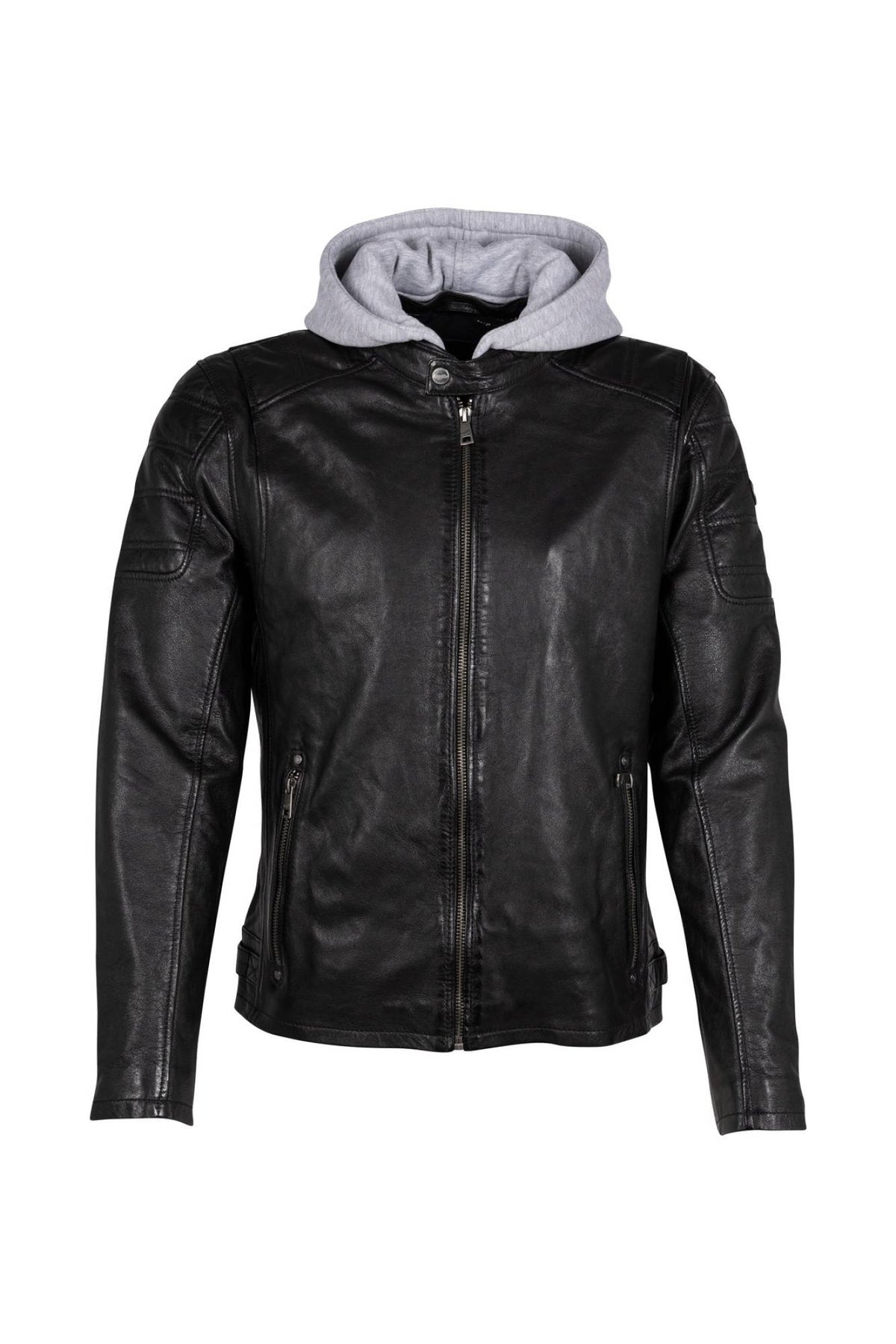 Deep black lamb leather jacket with removable jersey hood - Image n°3
