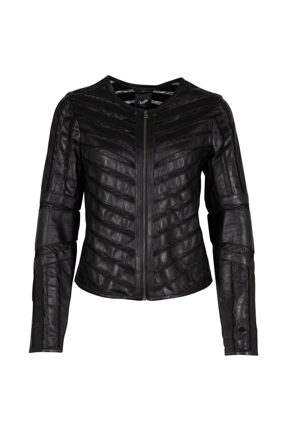 Women’s leather and black chevron mesh fitted jacket - Image n°4