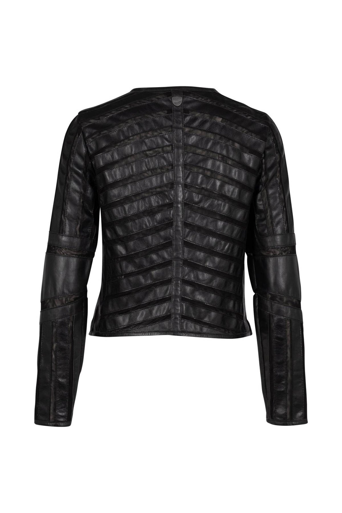 Women’s leather and black chevron mesh fitted jacket - Image n°5