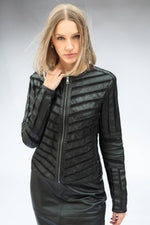 Women’s leather and black chevron mesh fitted jacket - Image n°1