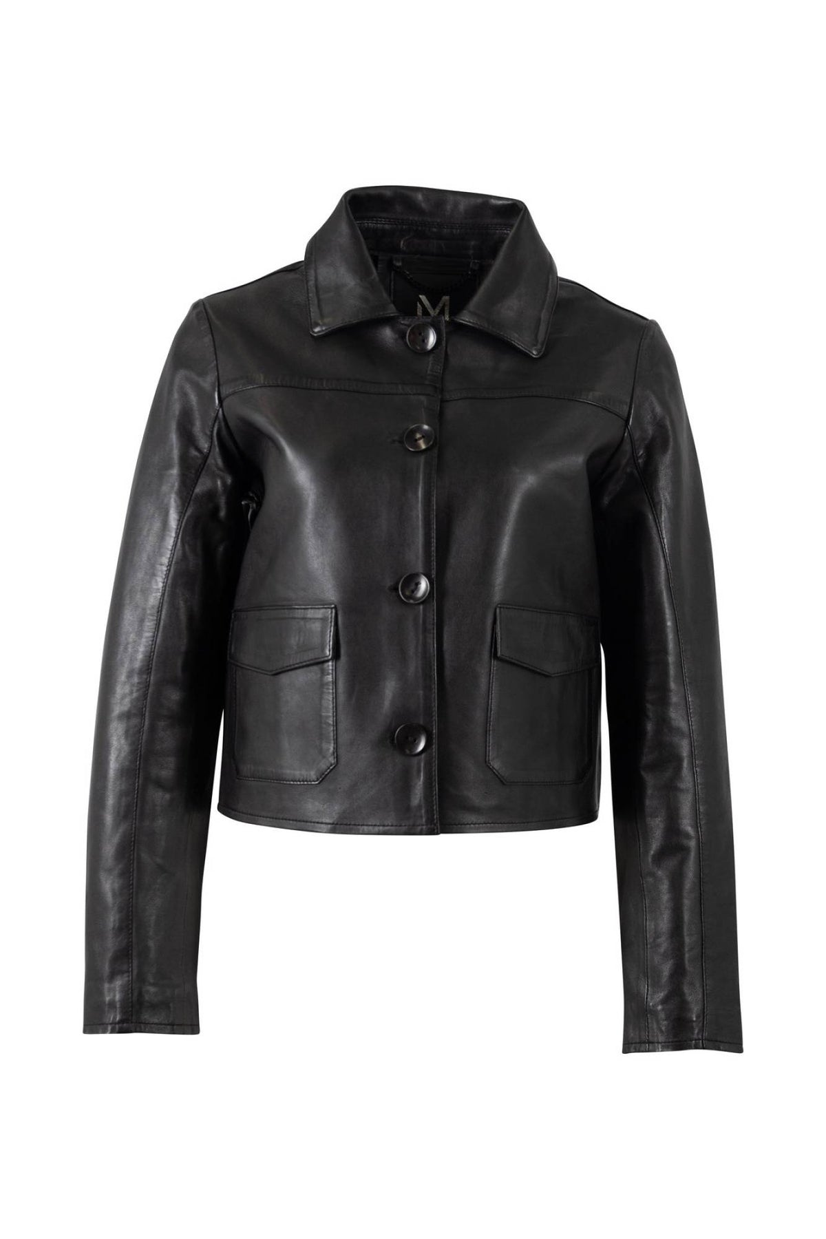 Women's black lambskin buttoned leather jacket, shirt collar - Image n°1