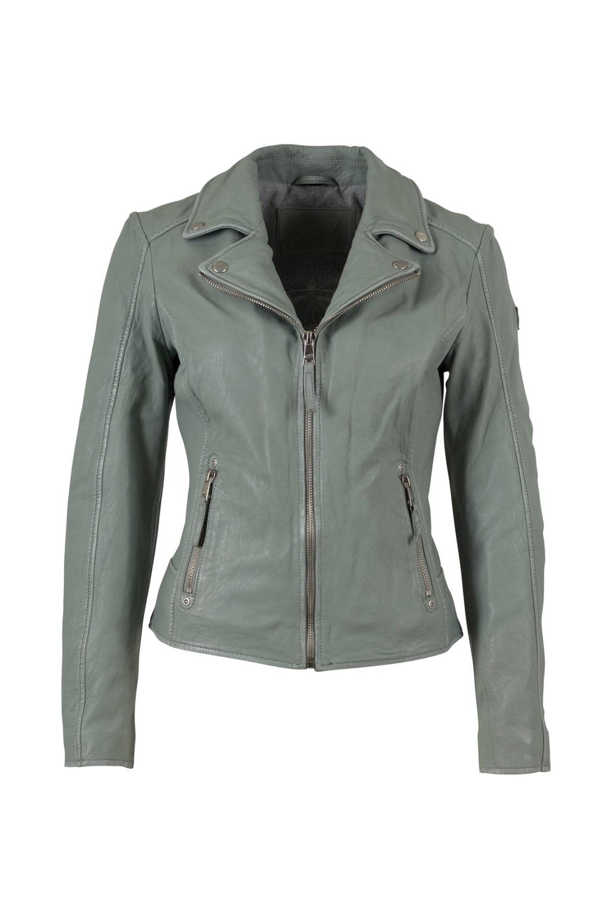 Women’s biker jacket in pale seafoam green lamb leather with a tailored collar - Image n°1
