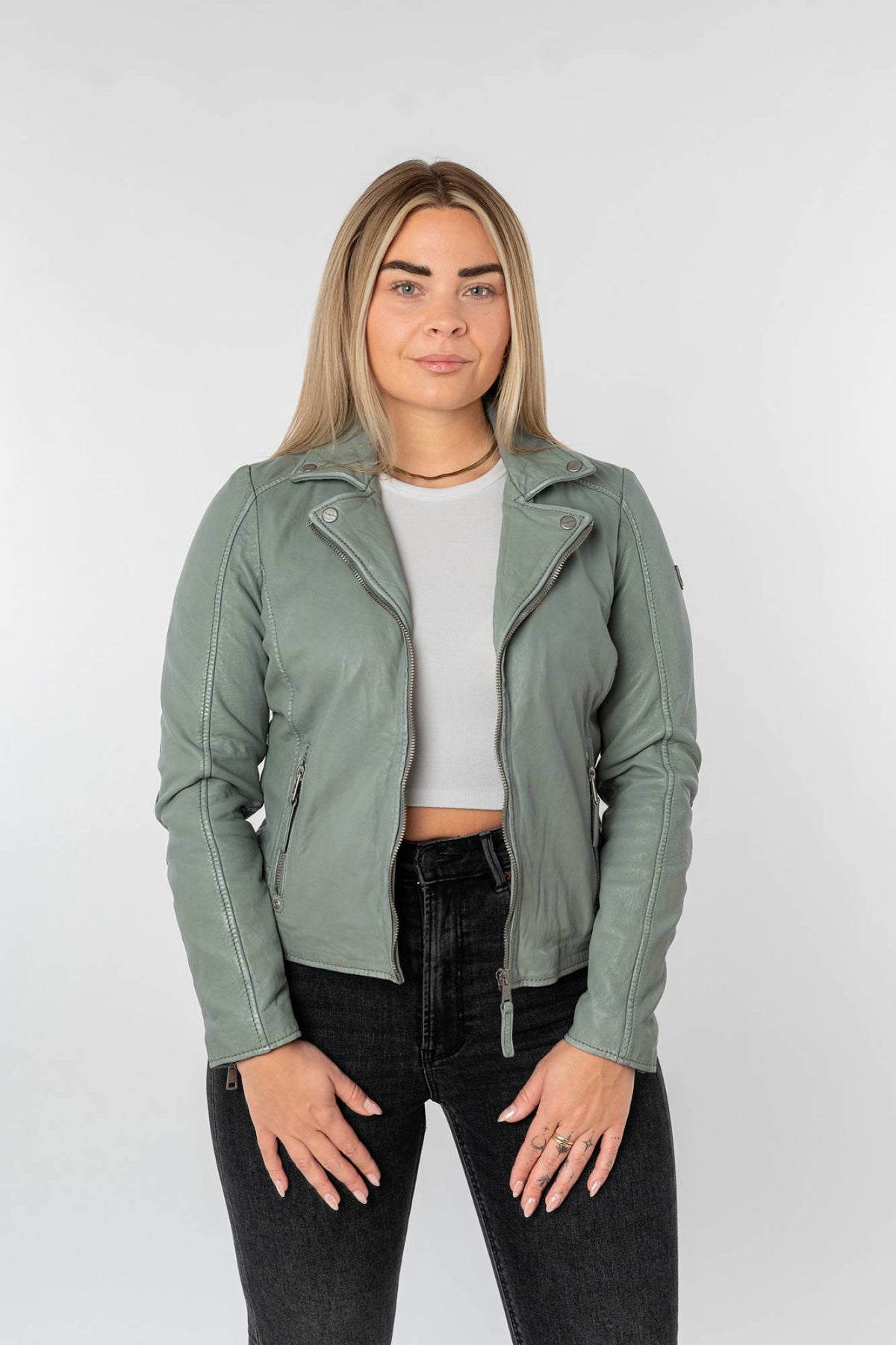 Women’s biker jacket in pale seafoam green lamb leather with a tailored collar - Image n°2