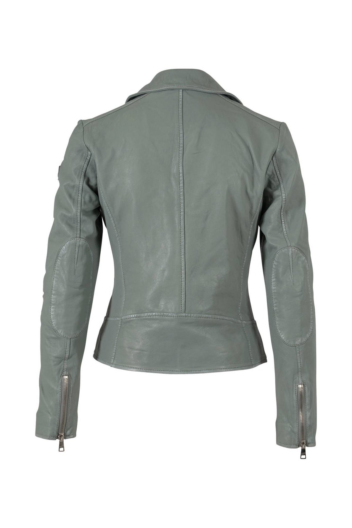 Women’s biker jacket in pale seafoam green lamb leather with a tailored collar - Image n°3