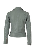 Women’s biker jacket in pale seafoam green lamb leather with a tailored collar - Image n°3