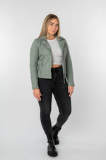 Women’s biker jacket in pale seafoam green lamb leather with a tailored collar - Image n°4