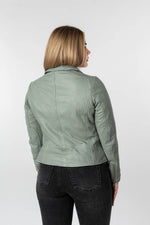 Women’s biker jacket in pale seafoam green lamb leather with a tailored collar - Image n°6