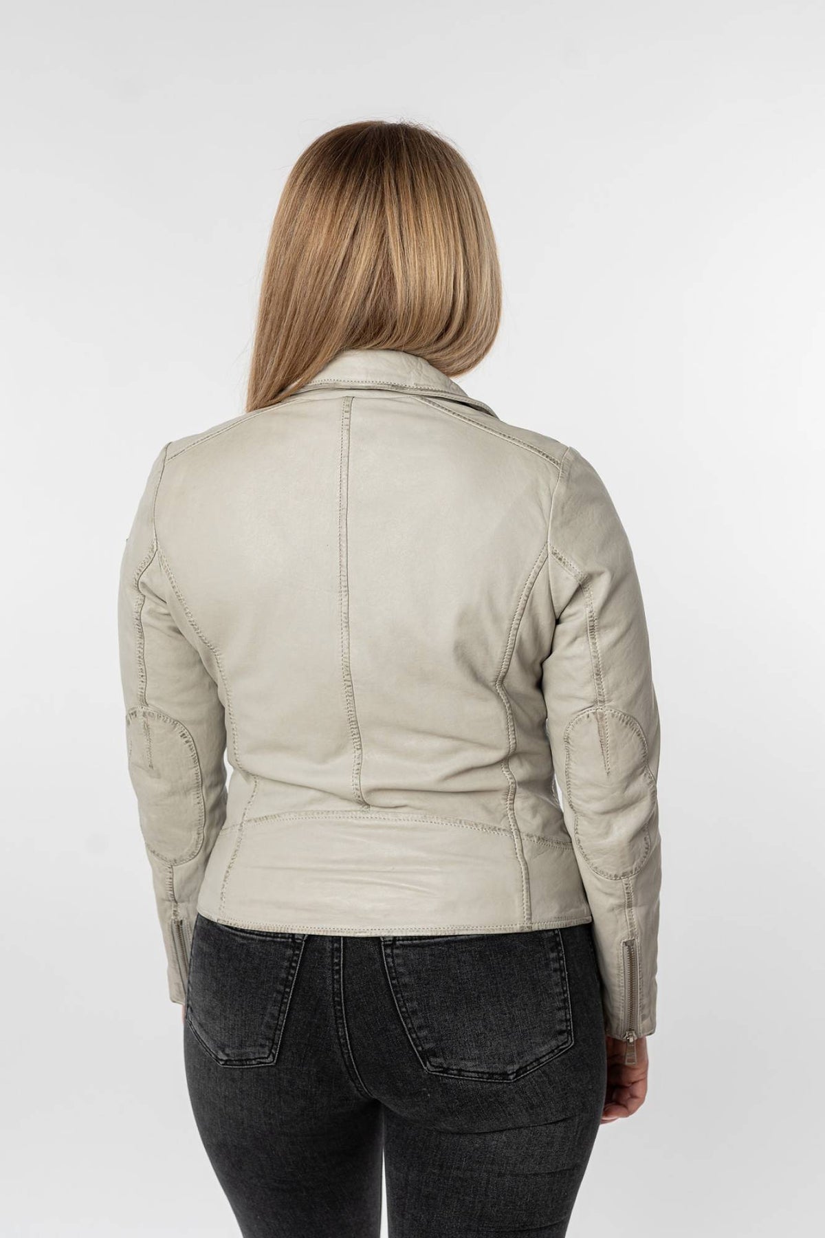 Women’s pearl grey lambskin biker jacket, straight central zip - Image n°2