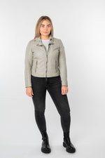 Women’s pearl grey lambskin biker jacket, straight central zip - Image n°3