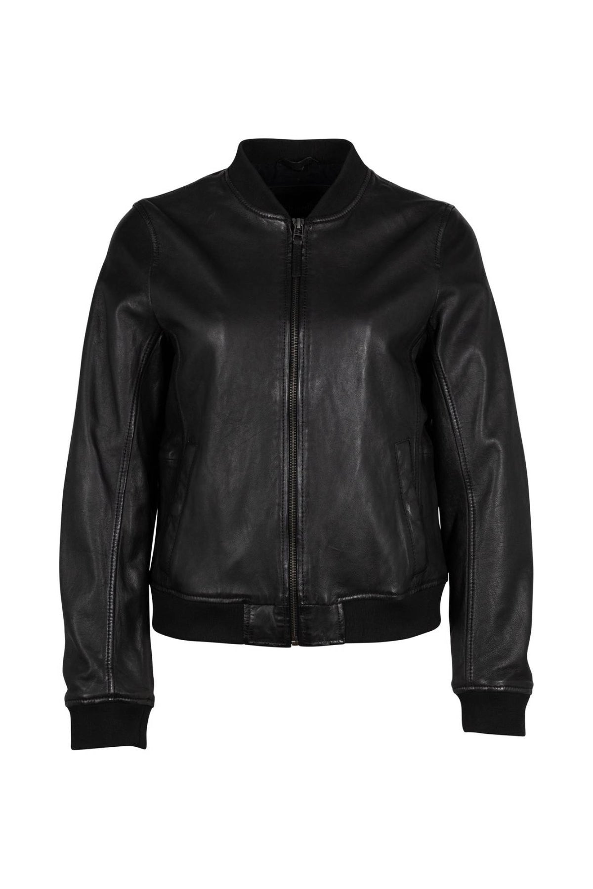 Women's black lambskin leather jacket with ribbed trims - Image n°2