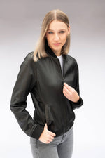 Women's black lambskin leather jacket with ribbed trims - Image n°3