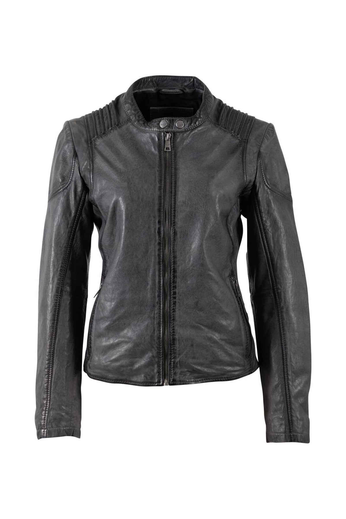 Anthracite lambskin women's leather jacket with ribbed shoulders - Image n°5