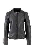 Anthracite lambskin women's leather jacket with ribbed shoulders - Image n°5