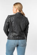 Anthracite lambskin women's leather jacket with ribbed shoulders - Image n°4