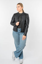 Anthracite lambskin women's leather jacket with ribbed shoulders - Image n°2