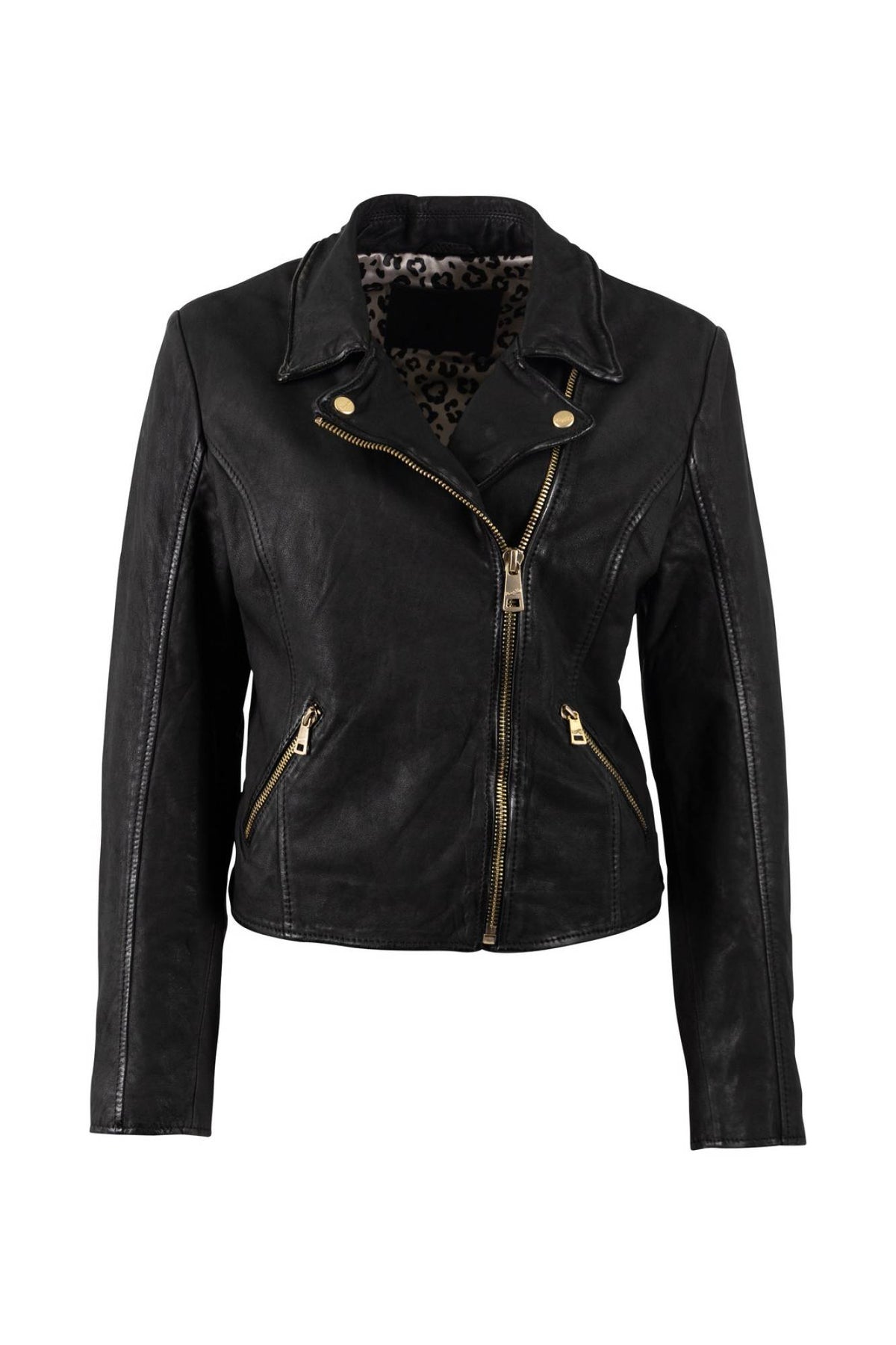 Women's black leather biker jacket with gold-tone zips and leopard-print lining - Image n°1