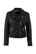 Women's black leather biker jacket with gold-tone zips and leopard-print lining - Image n°1