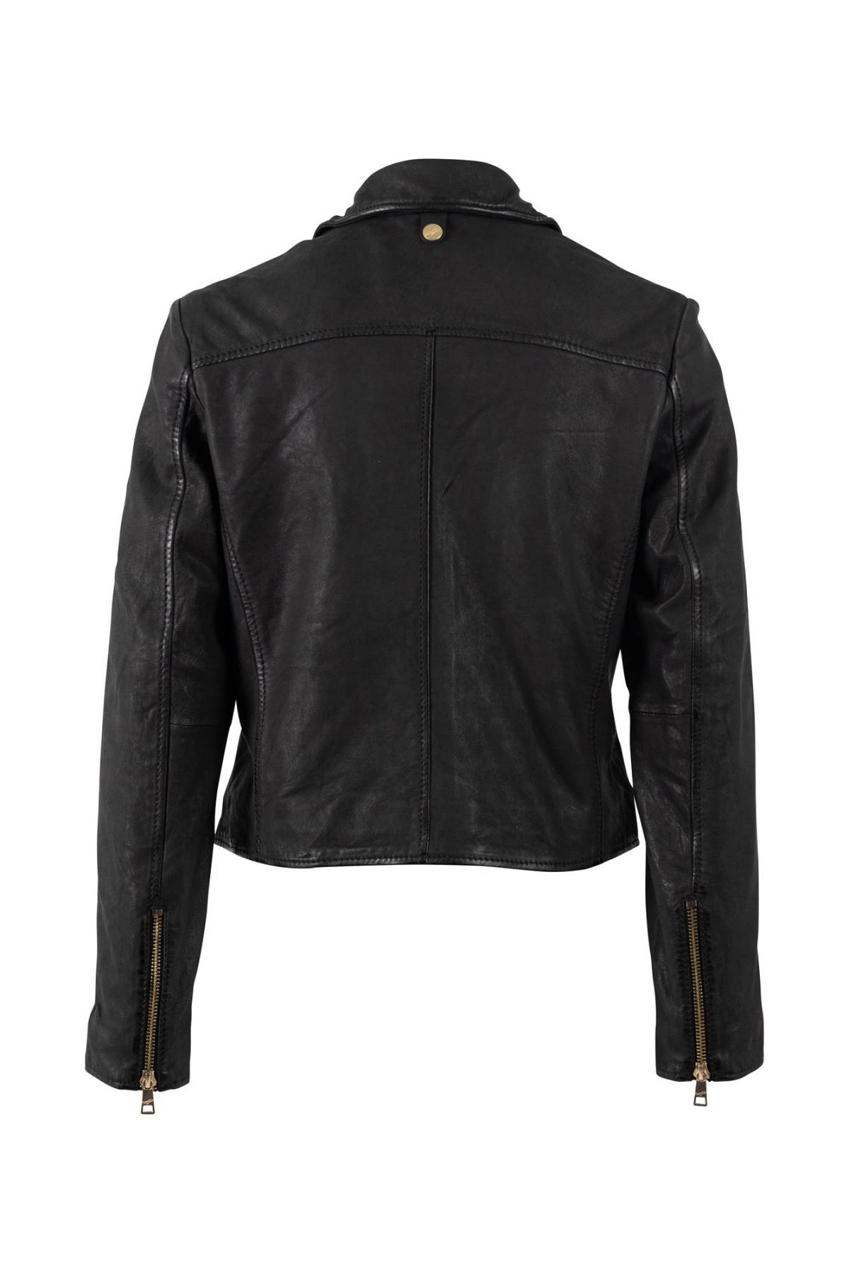 Women's black leather biker jacket with gold-tone zips and leopard-print lining - Image n°2