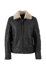 Women's black leather jacket with synthetic wool collar - Image n°1