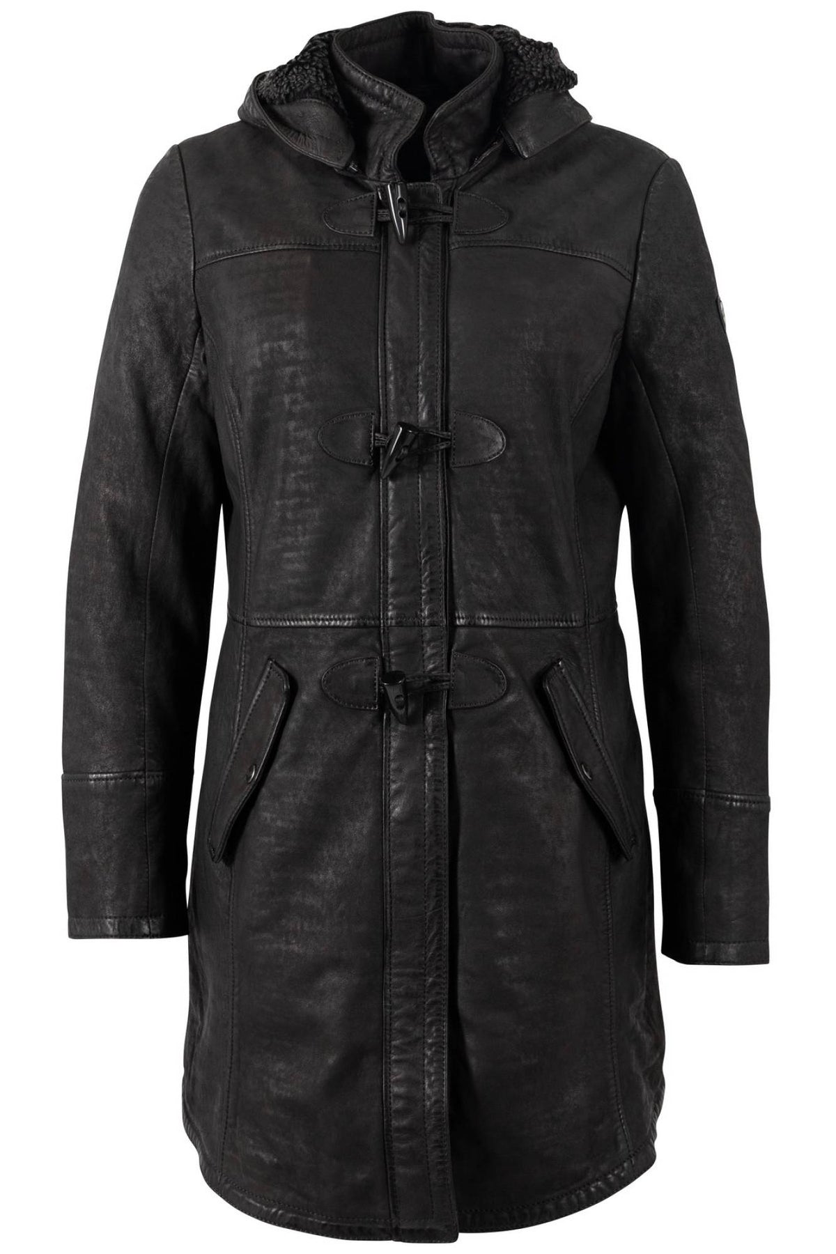 Long black washed lambskin coat with hood and toggle fastenings - Image n°1