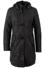 Long black washed lambskin coat with hood and toggle fastenings - Image n°1