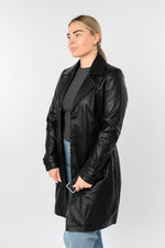 Women's black leather coat inspired by the trench coat - Image n°6