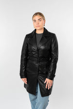 Women's black leather coat inspired by the trench coat - Image n°1