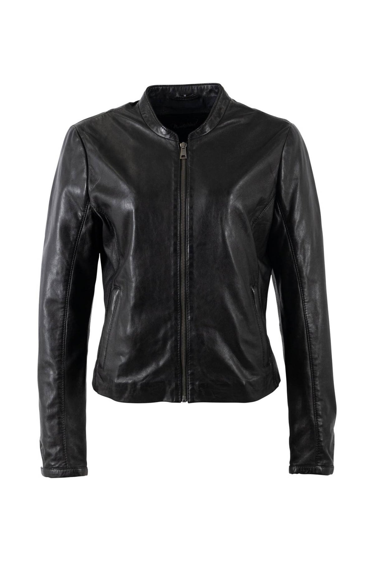 Refined black lambskin leather jacket for women with a mandarin collar - Image n°4