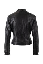 Refined black lambskin leather jacket for women with a mandarin collar - Image n°5