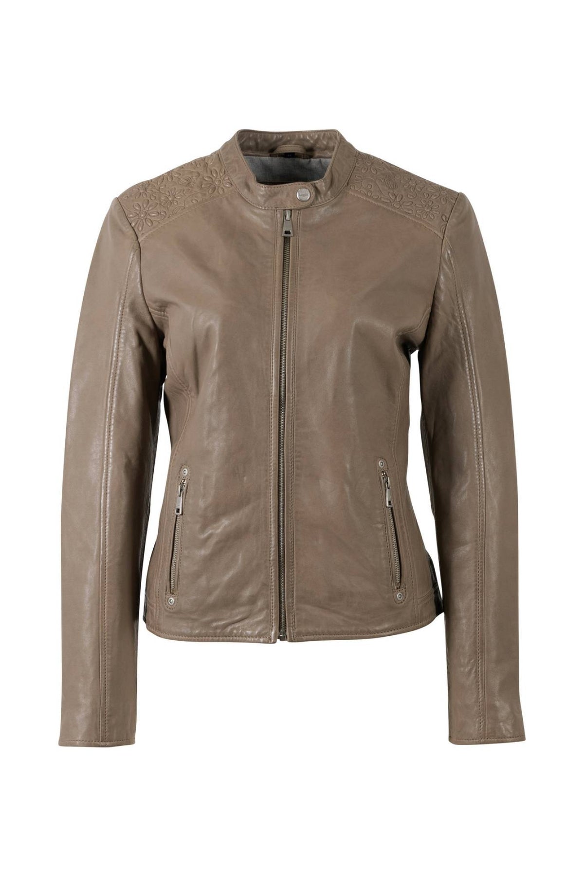 Women's taupe lambskin leather jacket with tone-on-tone embroidered shoulders - Image n°5