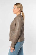 Women's taupe lambskin leather jacket with tone-on-tone embroidered shoulders - Image n°7