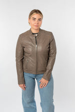 Women's taupe lambskin leather jacket with tone-on-tone embroidered shoulders - Image n°4